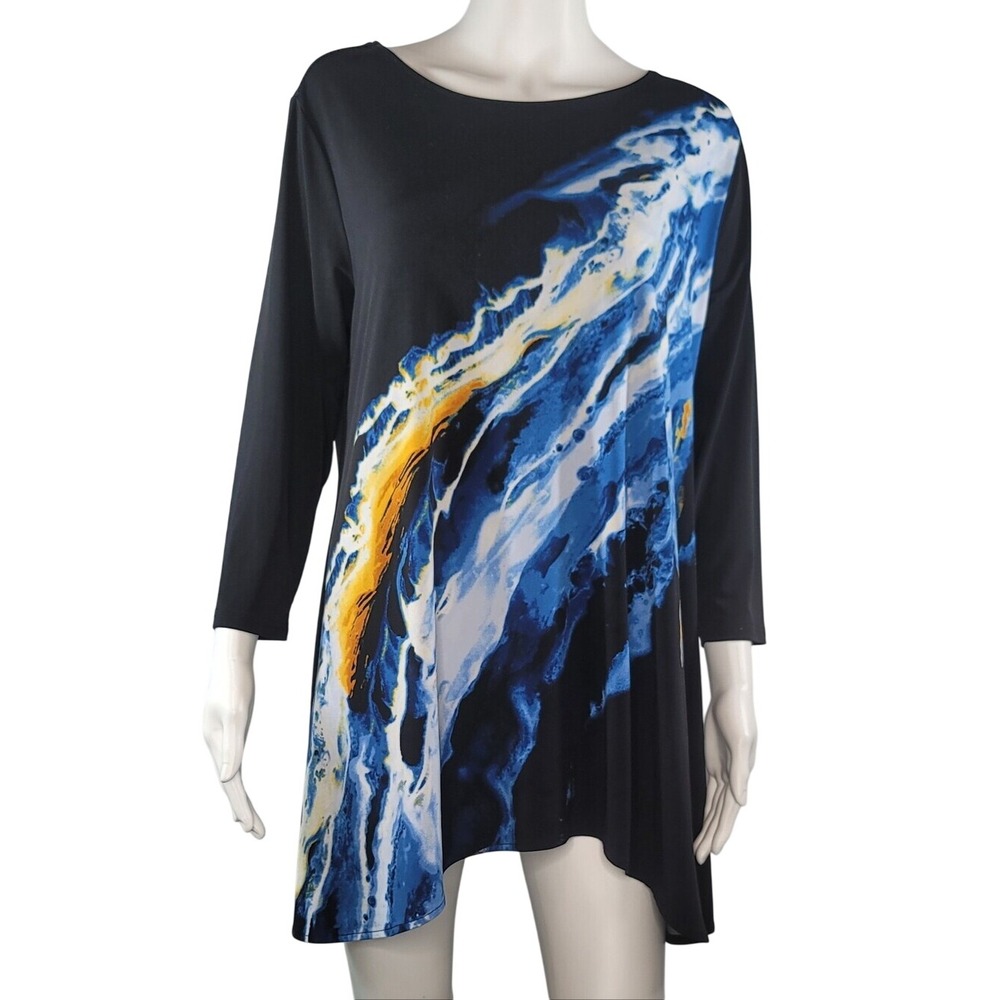 Alfani Flowing Black with Blue & Gold Wave Abstract Print Asymmetric Hem Tunic